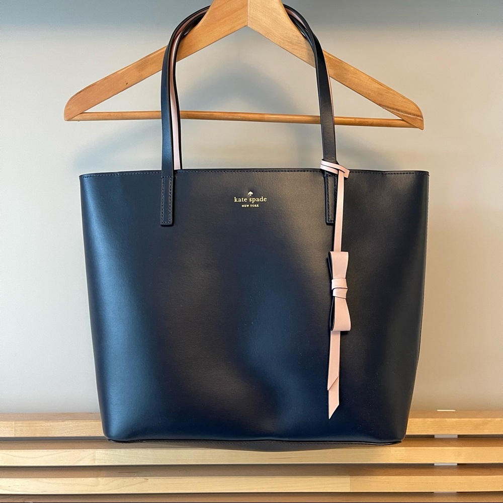Kate Spade Shoulder Tote Bag Navy & Pink with Bow Charm
